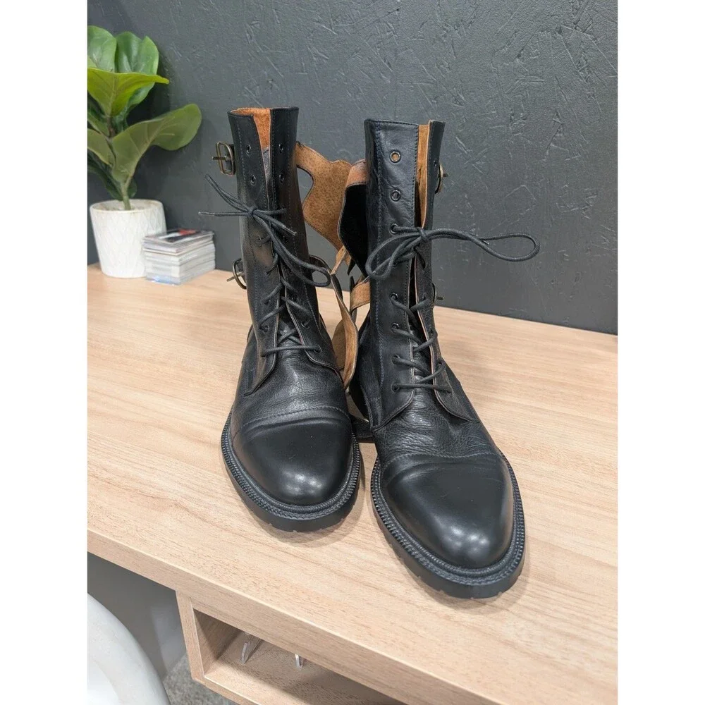 Michele Olivieri Leather Lace up Buckle Boots Men's Size 9 Black Made In Italy